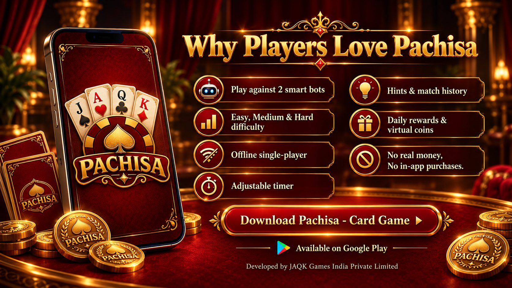 Pachisa features poster with bot difficulty, offline play, hints, match history, daily rewards, and virtual coins
